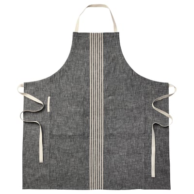 MARIATHERES grey apron, linen-cotton blend, stripe design, adjustable straps, front pockets, hanging loop.