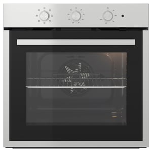 Displays a stainless steel built-in oven with black interior, three knobs on top for controls, and wire racks inside.