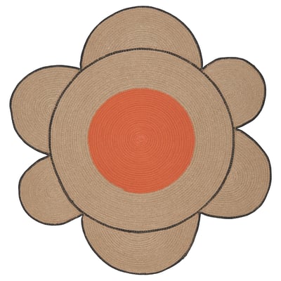 MÄVINN rug, brown jute & orange cotton, flower shape with braided petals and circular center.
