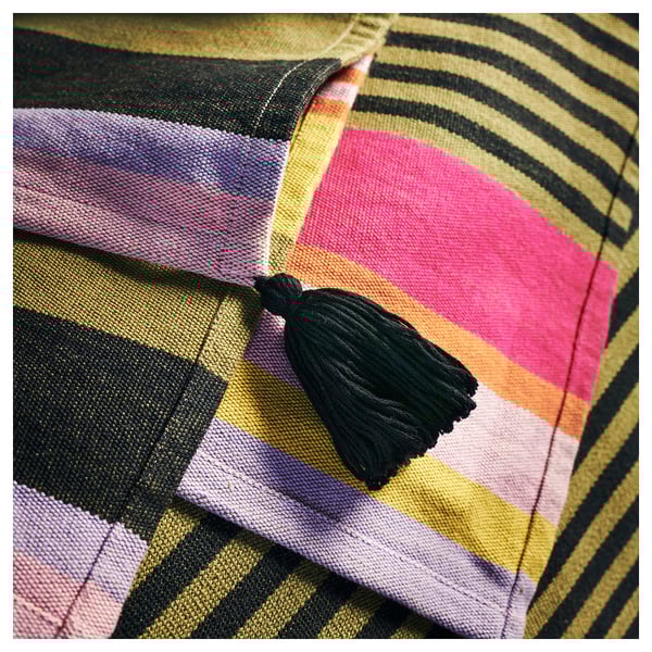 MÄVINN striped throw, multicolored with black tassels, handwoven cotton, soft and warm.