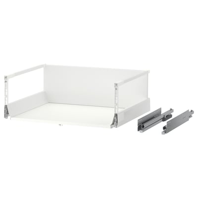 Fully extendable white drawer with slow-close, melamine bottom, steel runners.