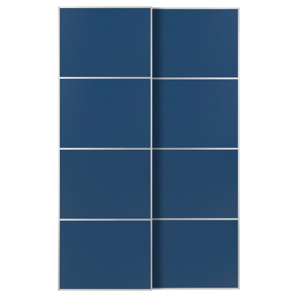 Blue sliding door panels. The modern design four panels with a sleek, rectangular shape and aluminum frames.