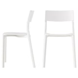 Two modern, sleek white chairs with curved seats and straight backs. Made of sturdy plastic, ideal for minimalist design.