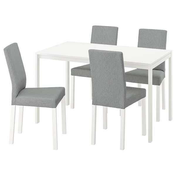 Modern white square dining set. Four grey chairs with high backs and white table.