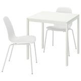 White MELLTORP dining set with square table and two curved back chairs.