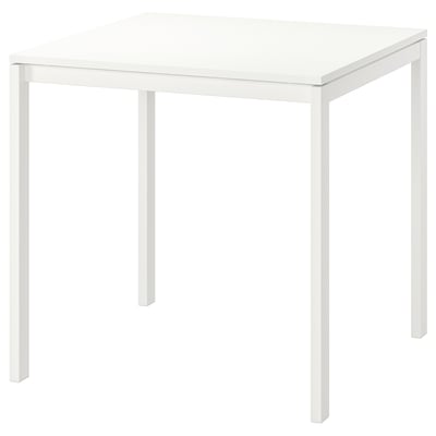 White MELLTORP dining table, square, minimalist design, sturdy metal legs, melamine top.