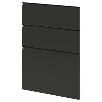 Modern black kitchen cabinet fronts with clean, handle-less design.