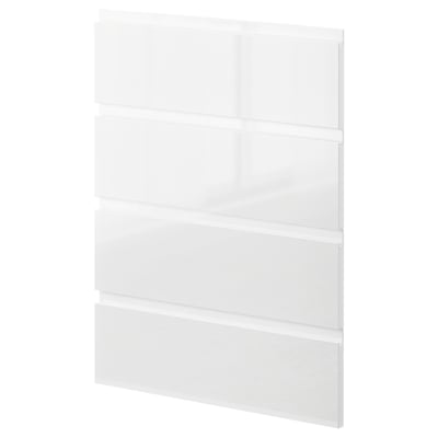 Modern white glossy kitchen cabinet with sleek design and minimalist integrated handles.