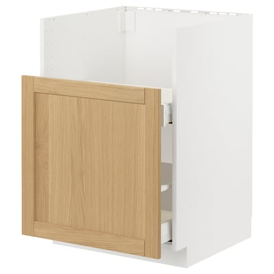 A white METOD kitchen cabinet with a wooden door in a light oak finish, featuring a classic design and beveled edges.