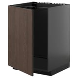 An ikea METOD kitchen unit with dark brown sinarp fronts and a metallic gray base. Its rectangular, with a wooden door and modern design.