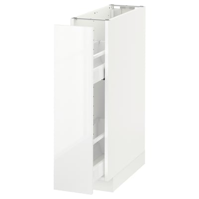 White METOD kitchen cabinet, modern, glossy, partially open with adjustable shelves.