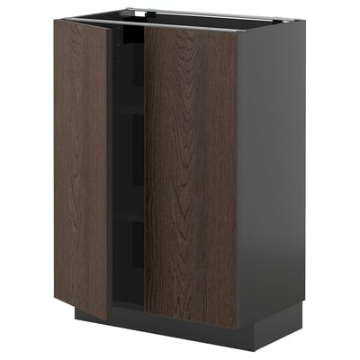 A dark gray METOD kitchen cabinet with brown wood doors, featuring adjustable shelves and a sturdy frame.