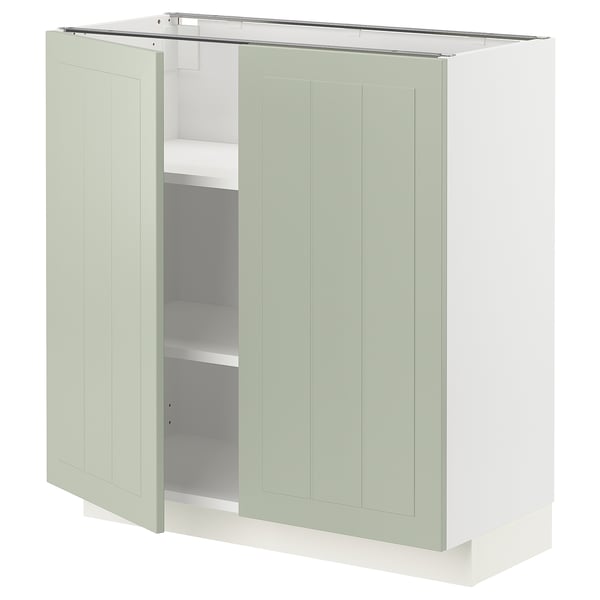 METOD kitchen cabinet in green with white interior, square shape, two doors, adjustable shelves.
