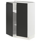 Modern kitchen cabinet in white with matte black doors, adjustable shelves, and sleek handle-less design.