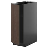 Modern black and dark wood kitchen cabinet with open door.