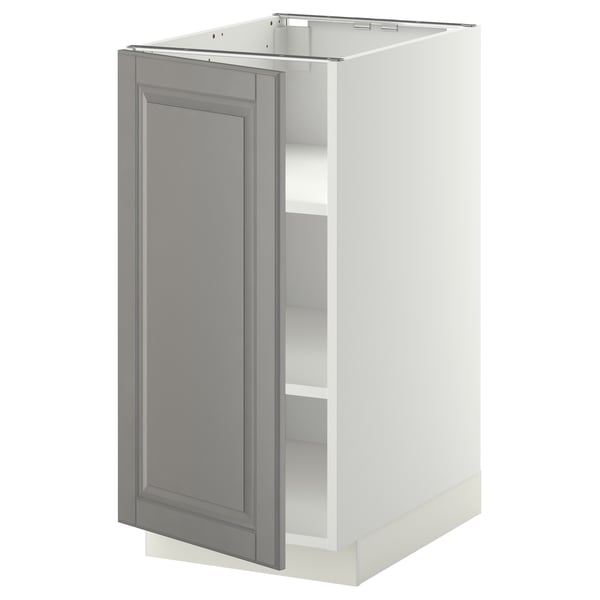 An ikea METOD kitchen base cabinet in off-white with a grey bodbyn door, featuring a traditional style and adjustable shelves.
