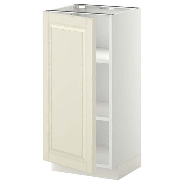 METOD white kitchen cabinet with off-white door, square, single door, beveled edges.