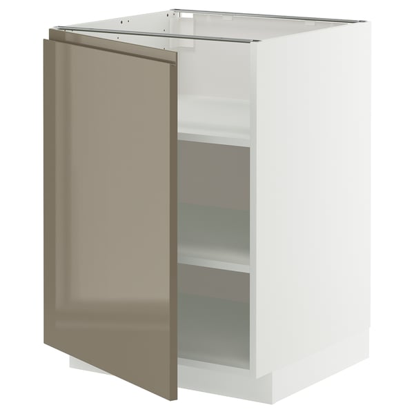 A modern, high-gloss white METOD kitchen cabinet with a dark grey-brown door. It sleek, handle-less fronts and adjustable shelves.
