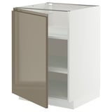 A modern, high-gloss white METOD kitchen cabinet with a dark grey-brown door. It sleek, handle-less fronts and adjustable shelves.
