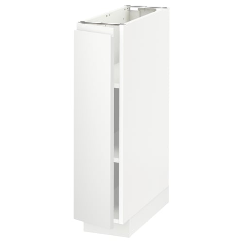 A METOD kitchen cabinet in white with a sleek, minimalist design featuring a tall, rectangular shape with a handle-less door.