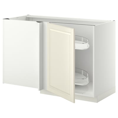 A white METOD kitchen cabinet with cream doors, two pull-out shelves, and beveled edges.