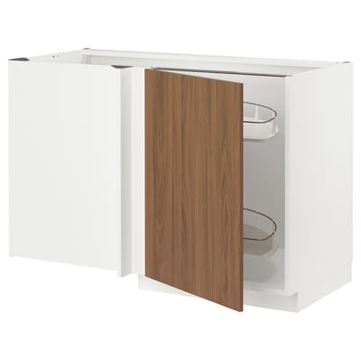 A white METOD kitchen corner unit with a wooden door open, revealing two pull-out shelves.