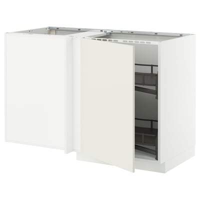White METOD corner kitchen unit, modern design, pull-out shelves.
