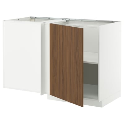 METOD kitchen cabinet with modern walnut door, open shelf, white frame.