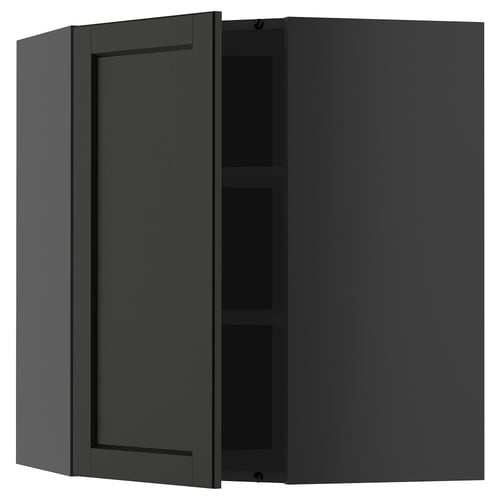 Open dark green kitchen cabinet, showing shelves.