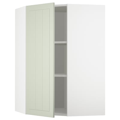 Displays an open light green METOD kitchen cabinet with a plain, rectangular door and two interior shelves.