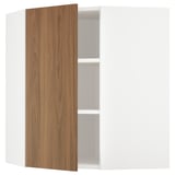 A modern, white kitchen cabinet with a single, open wooden door in a walnut finish.