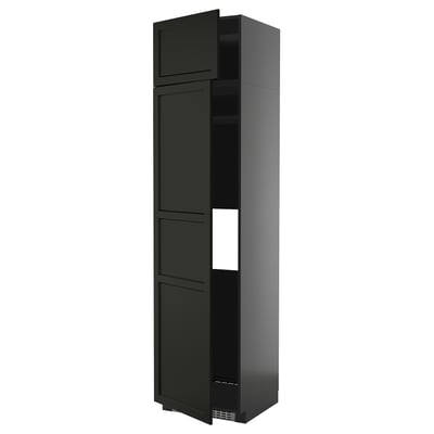 Black tall kitchen cabinet with adjustable shelves, modern design.