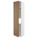 Displays a modern, tall white cabinet with wooden doors, designed for kitchen storage.