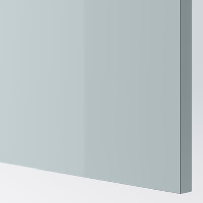 High-gloss grey-blue cabinet door with smooth, seamless edge. Modern, sturdy design.