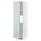 A modern, tall, white cabinet with a grey-blue high-gloss door slightly open, revealing an internal shelf.