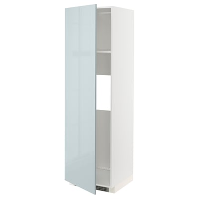 A modern, tall, white cabinet with a grey-blue high-gloss door slightly open, revealing an internal shelf.