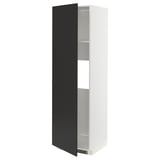 A white METOD kitchen cabinet with a black door, featuring a sleek and modern design. It has a single adjustable shelf inside and snap-on hinges.