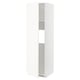 A white METOD kitchen cabinet. Its tall with an open door, revealing adjustable shelves inside. The cabinet is sleek and modern.