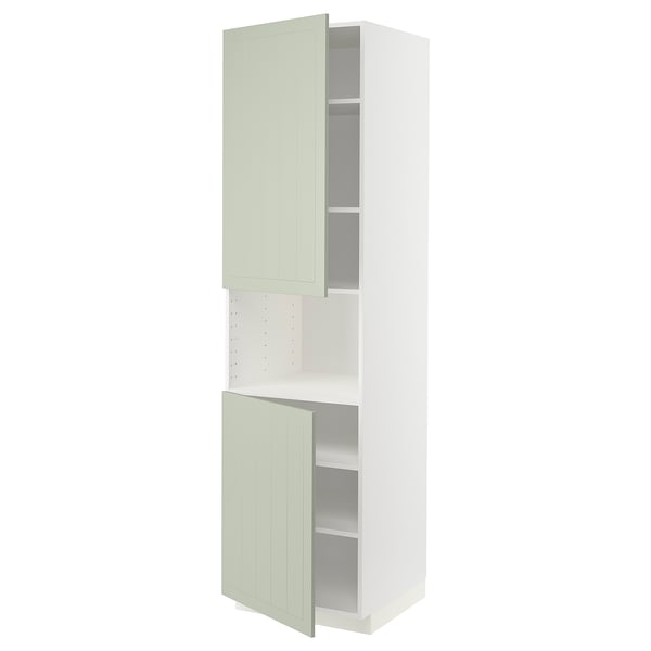 METOD kitchen unit in green with white frame, tall, two open shelves.