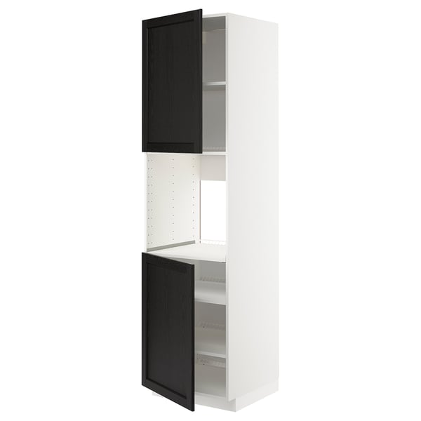 A white METOD kitchen cabinet with black stained lerhyttan doors. It adjustable shelves and hinges with dampers.