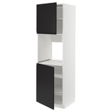 Modern black and white kitchen cabinet, tall with open storage, adjustable shelves.