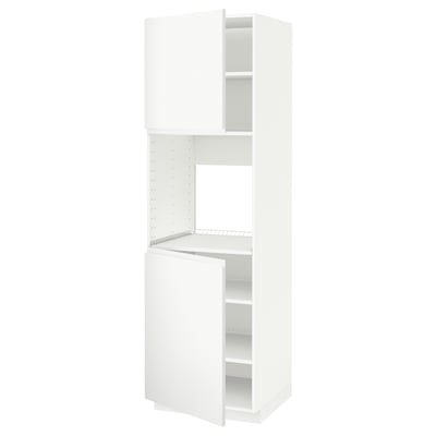 White METOD kitchen unit. Tall, rectangular shape with adjustable shelves, modern minimalist design.