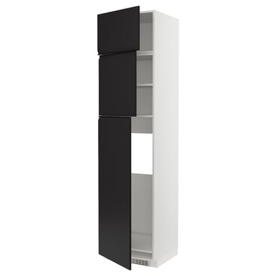 A tall, white METOD kitchen cabinet with three black doors and adjustable shelves. It a modern, minimalist design.