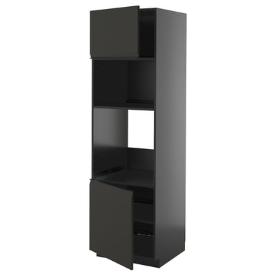 Image depicts a tall, dark gray METOD kitchen cabinet with two open sections and doors on the bottom, featuring a sleek, modern design.