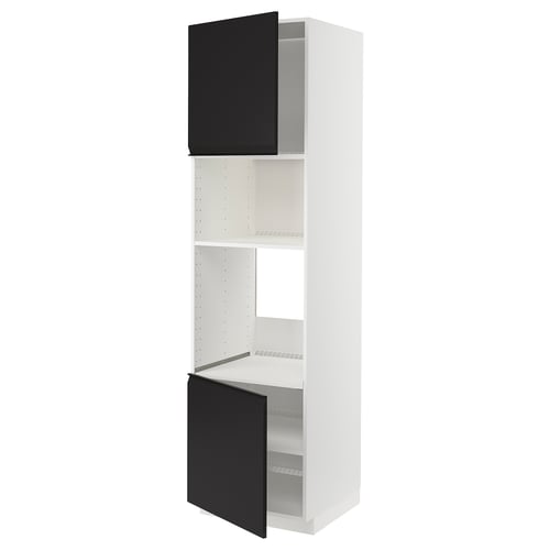 METOD kitchen unit: tall, white cabinet with black doors, modern minimalist design.