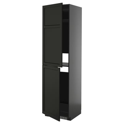 Tall black kitchen cabinet with two doors, sleek modern design, steel hinges, adjustable shelves.