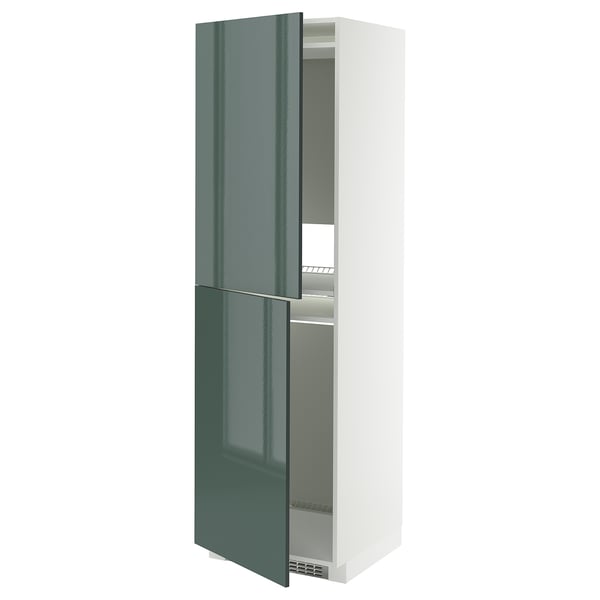 Modern tall white cabinet with glossy green doors, adjustable shelves.