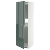 Modern tall white cabinet with glossy green doors, adjustable shelves.