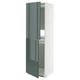 Modern tall white cabinet with glossy green doors, adjustable shelves.