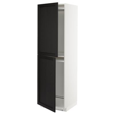 Black wooden doors on white cabinet; tall, slim.